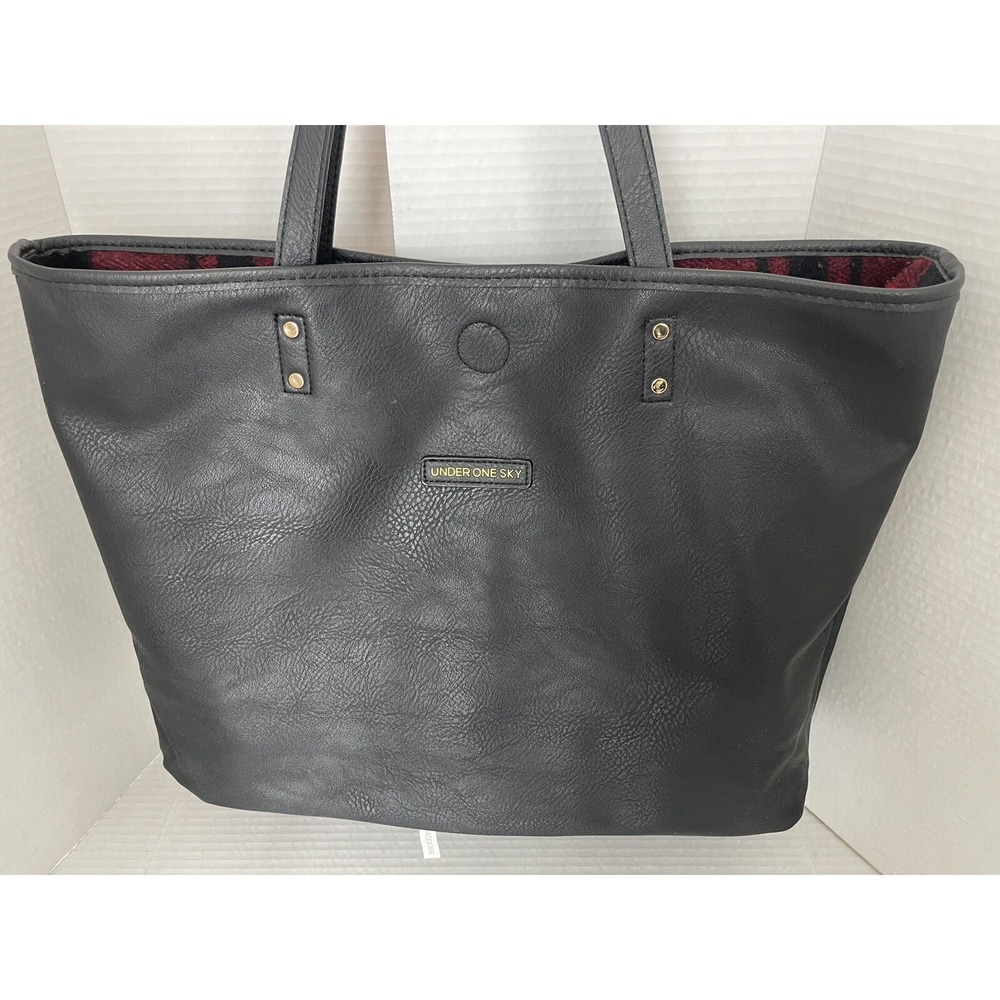 Under One Sky Reversible Black Faux Leather And Red Buffalo Plaid Strap Tote Bag - Picture 7 of 13